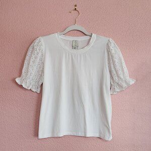 Joie White Eyelet Puff Sleeve Cotton Cottagecore Feminine Basic Tee Size M